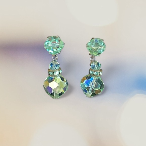 Vintage Jewelry - Vintage Clip on Earrings 60’s Sea Green Crystals Sliver Drop Dangle